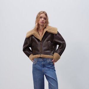 Zara Shearling Jacket Bomber Faux Fur Trim